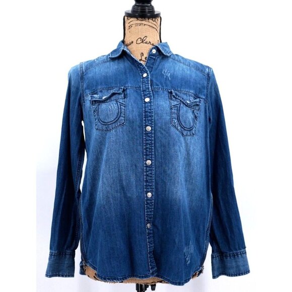 True Religion Button Up Shirt Women Extra Small‎ XS Blue Chambray Casual Western - Picture 1 of 12